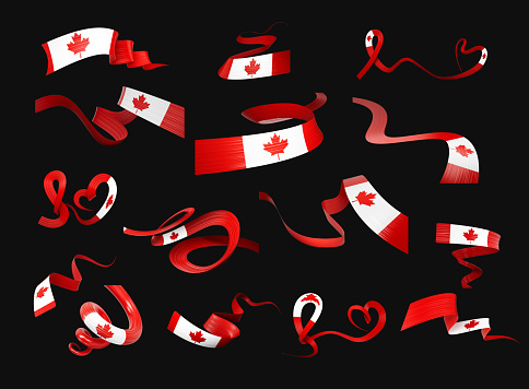 3d Set Of Different Style Of Canada Flags Waving Ribbon Flags On Black Background 3d Illustration
