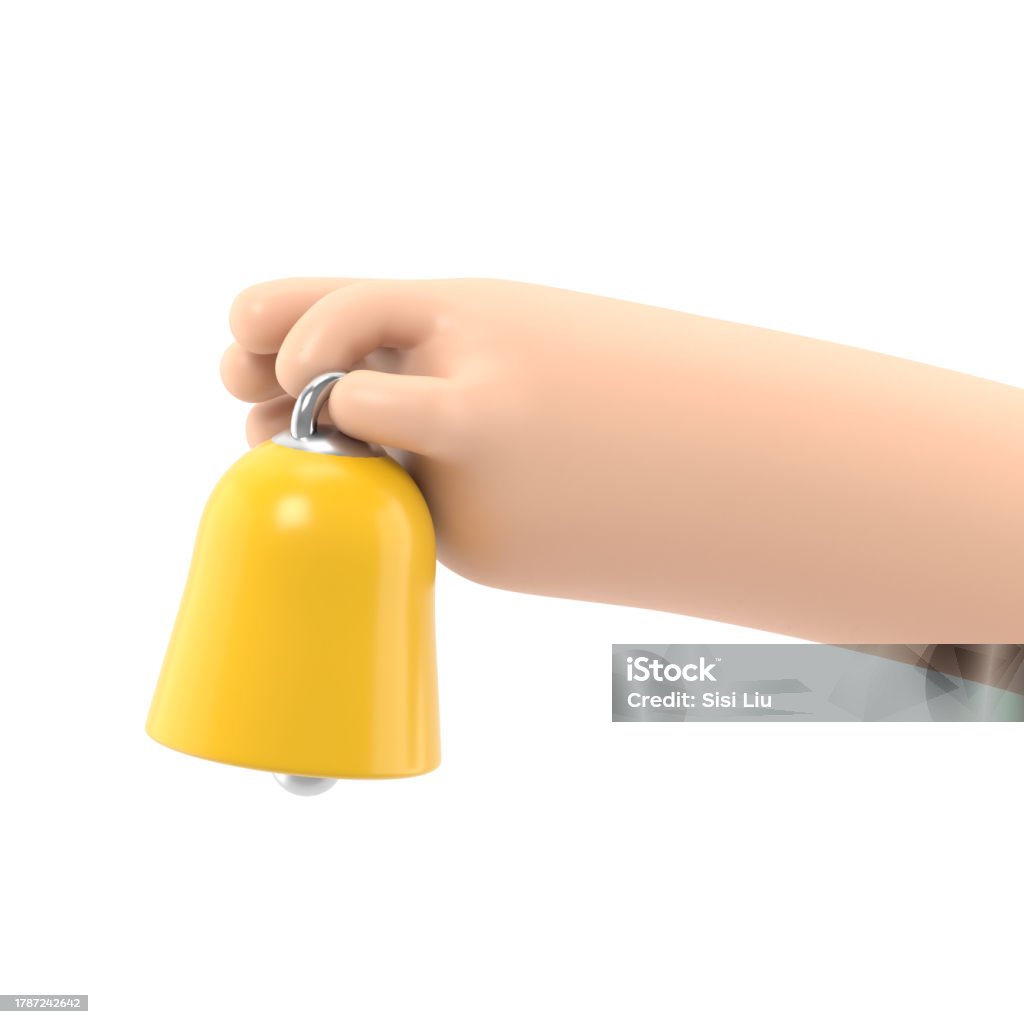 Cartoon Gesture Icon Mockup.Cartoon hand holding bell.3D rendering on white background. Bell Stock Photo