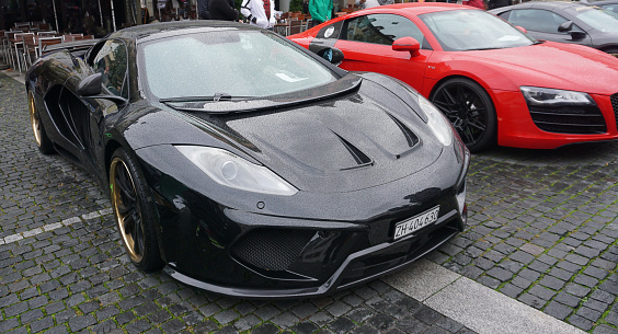 Winterthur, Switzerland - October 21, 2023: Aston Martin in the dark. British supercar at Winterthur, Switzerland