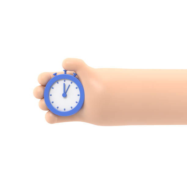 istock Cartoon Gesture Icon Mockup.Cartoon hand with a stopwatch.3D rendering on white background. 1787244370