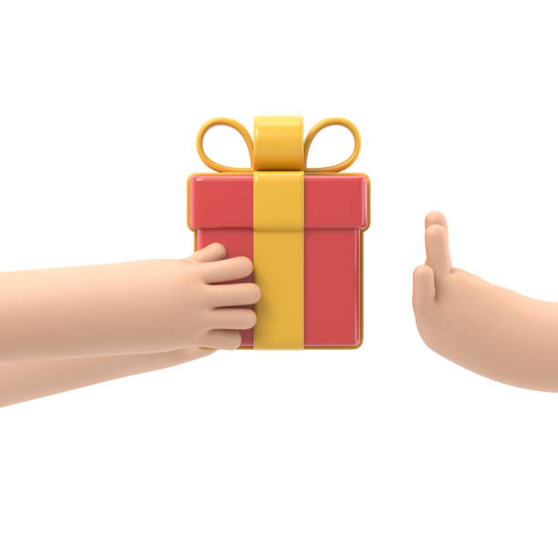 istock Refusal of gift. No corruption concept. Rejecting proposal. Man holding in hand gift box with ribbon. Gesture rejects the proposal. 3D rendering on white background. 1787267644