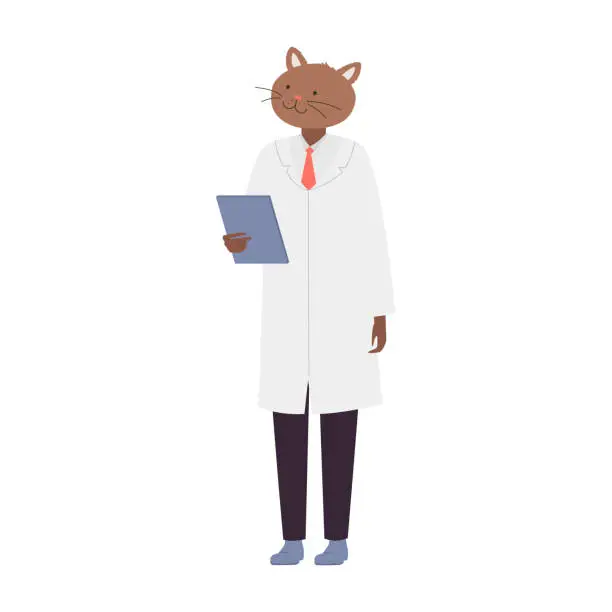 Vector illustration of Standing doctor cat with clipboard