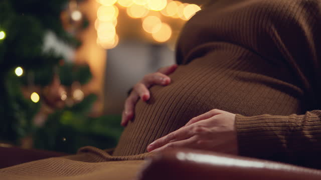 A pregnant woman spending her first Christmas with her bab, The young expecting mother holding baby in pregnant belly