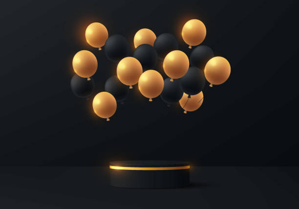 istock Abstract 3D black cylinder podium background with floating black and golden balloon scene. Black friday minimal mockup, Product display presentation, Stage showcase. Platforms vector geometric design. 1787272495