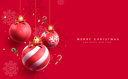 Christmas red balls vector design. Merry christmas greeting card with hanging red xmas balls and snowflakes in elegant shiny decoration elements. Vector illustration holiday season invitation card.