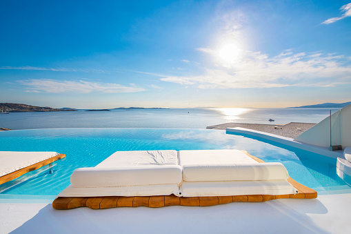 Infinity pool view at villa, Mykonos, Greece