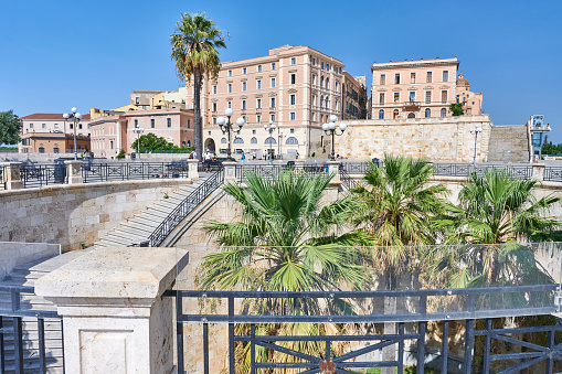 Cagliari, Italy - September 29, 2023: tourists visiting Saint Remy Bastion, a building built in classic style between 1896 and 1902 on the old city's medieval bastions.