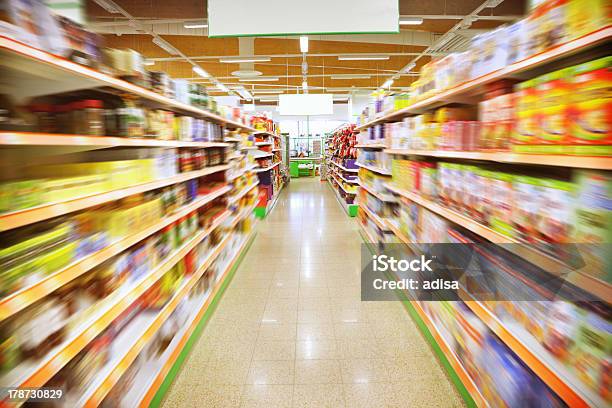 Supermarket Stock Photo - Download Image Now - Aisle, Supermarket, Blurred Motion