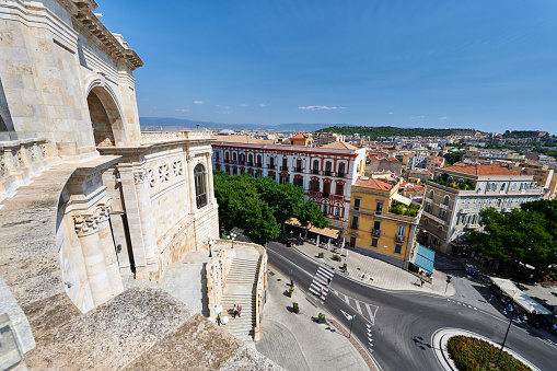 Cagliari, Italy - September 29, 2023: tourists visiting Saint Remy Bastion, a building built in classic style between 1896 and 1902 on the old city's medieval bastions. Cagliari. Sardinia. Italy.