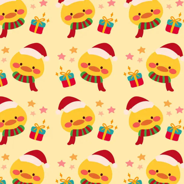 Vector illustration of Cute christmas pattern features ducks, festive gift boxes, and star on a yellow background.