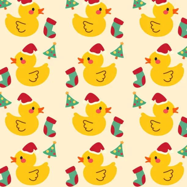 Vector illustration of Cute christmas pattern features ducks, festive Christmas trees, and socks on a yellow background.