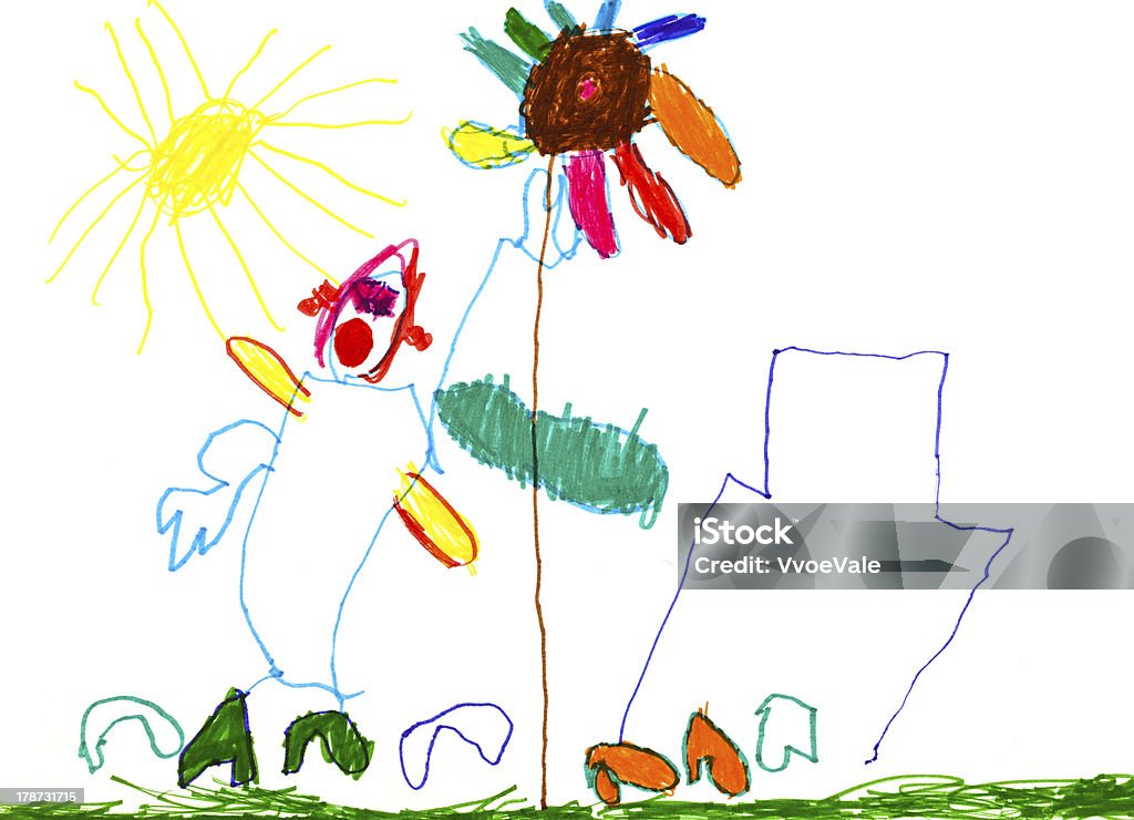 Dessin d'enfant-personnes, house, des fleurs et du soleil - Illustration de Dessin d'enfant libre de droits