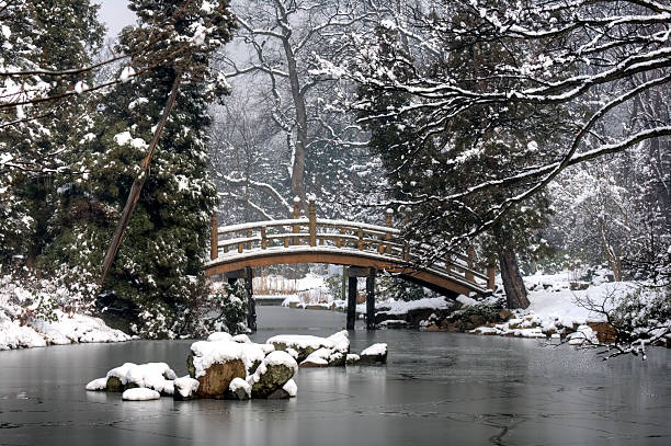 A snow covered bridge over a pond in a park in Somerset, UK.