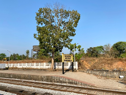 Bantawala, Karnataka, India - January 16 2023: The Bantawala railway station on the Hassan-Subrahmanya Road line in Karnataka.