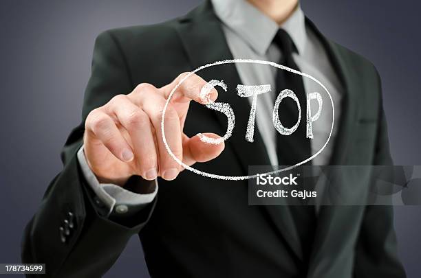 Business Man Pressing Stop Button Stock Photo - Download Image Now - Adult, Adults Only, Business