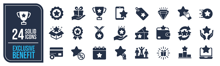 Exclusive benefit solid icons collection. Containing prize, incentive, reward, award etc icons. For website marketing design, logo, app, template, ui, etc. Vector illustration.