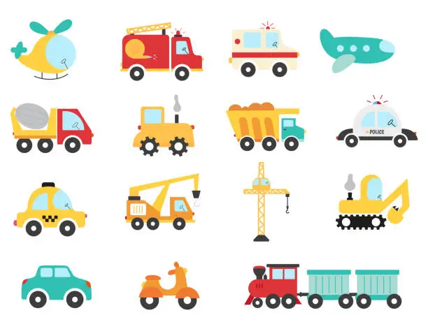 Vector illustration of Set of transport for kids in flat style. Collection of hand drawn vehicles for children.