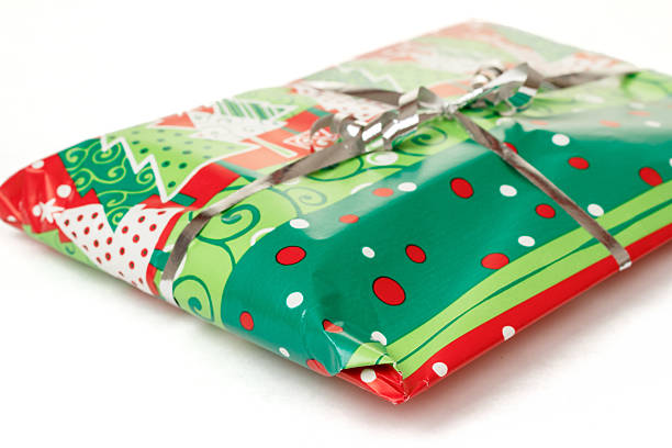 christmas gift with silver ribbon isolated on white background