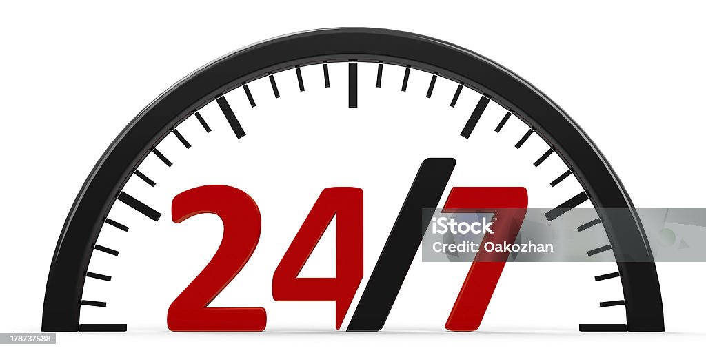 Round-the-clock service, half The logo of round-the-clock on white background represents 24 hours service, three-dimensional rendering 20-24 Years Stock Photo