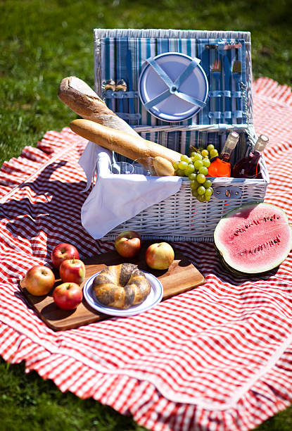 istock Picnic basket on green lawn 178737945