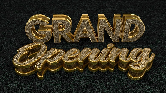 Luxury Gold Shiny Grand Opening Lettering Floral Metal Texture 3D Rendering On Dark Green Floral Metal Floor