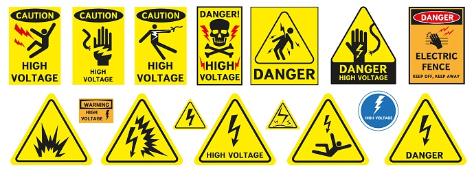 High voltage danger signs. Prevention of injury from high voltage. Vector graphics. EPS 10.