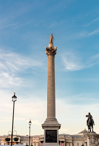 Center of Trafalgar Square, Horatio Nelson Column (Lord Nelson Monument), made of dark gray granite by the sculptor