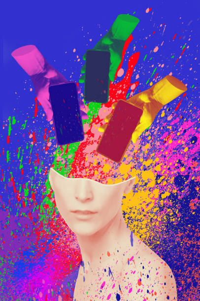 Art collage or design with color paint splashes about information noise. Abstract hands with mobile phones as metaphor of fake news and propaganda