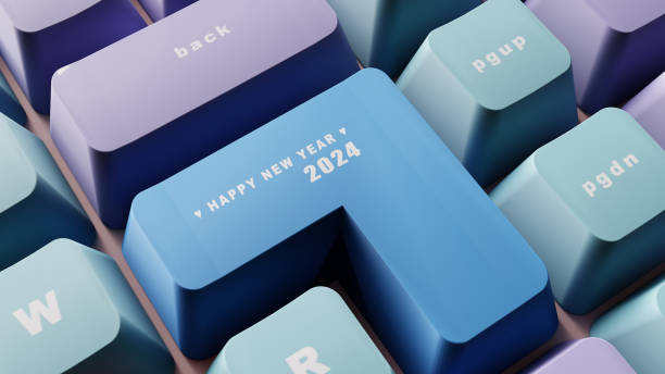 istock 3D Rendering. Happy new year on the soft blue enter keyboard. 1787411333
