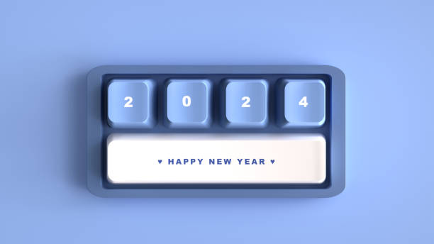 istock 3D Rendering. Happy new year on the cute keyboard with blue smooth tone. 1787411814