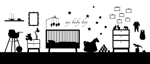 Bébé garçon noir silhouette intérieur de la chambre - Illustration vectorielle
