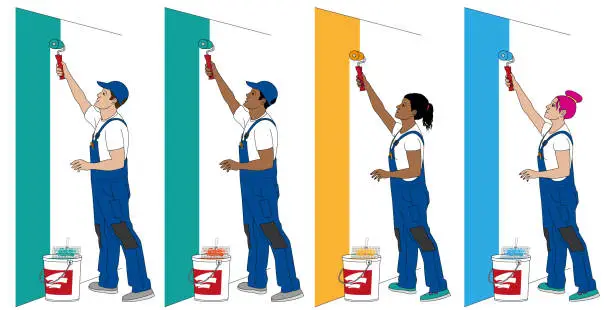 Vector illustration of Male and female painter painting a wall seen from the side