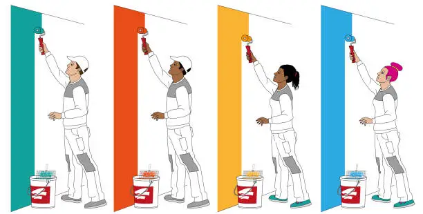 Vector illustration of Male and female painter painting a wall seen from the side