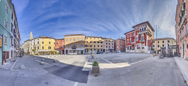 Picture of the market square and town hall of the historic Croatian town of Voznjan during the day