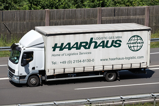 Wiehl, Germany - June 24, 2019: Haarhaus DAF LF truck on motorway