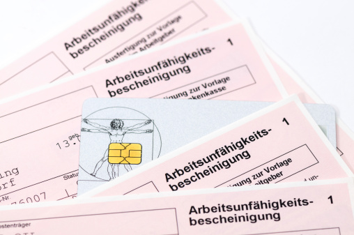 German health insurance card with certificate of inability to work,  in German Language.