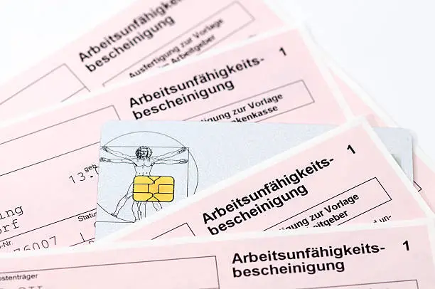 German health insurance card with certificate of inability to work,  in German Language.
