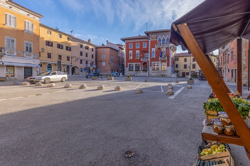 Picture of the market square and town hall of the historic Croatian town of Voznjan during the day