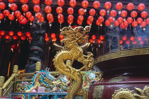 Sacred Bowl With the Golden Dragons in Hualien Buddhist Temple, Taiwan