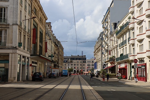 Tramway tracks and rails on René Levasseur boulevard, city of Le Mans, department of Sarthe, France