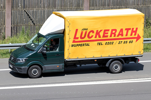 Wiehl, Germany - June 24, 2019: Lückerath Volkswagen Crafter van on motorway