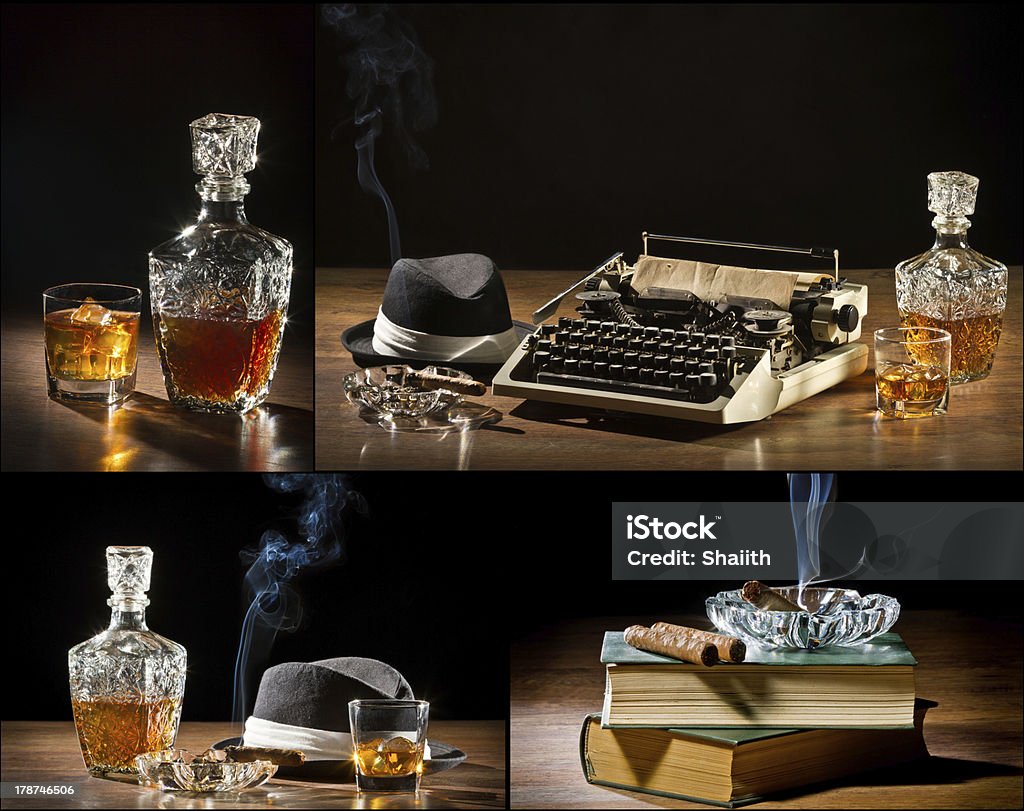 Collage di vintage vecchia macchina da scrivere, sigari e whisky, cappello - Foto stock royalty-free di Decanter