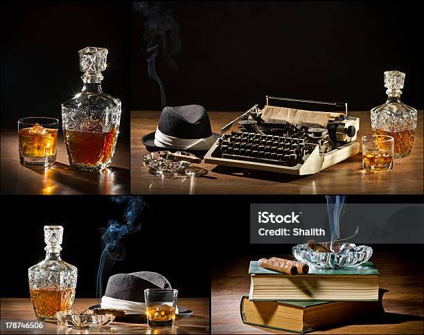 Collage Di Vintage Vecchia Macchina Da Scrivere Sigari E Whisky Cappello - Fotografie stock e altre immagini di Decanter