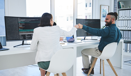 People Fist Bump And Coding Computer Screen And Software Development Or ...