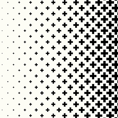A gradient pattern of black crosses that progressively become sparser from bottom to top, creating the illusion of dispersion against a white backdrop.