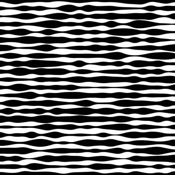 Vector illustration of Wavy black and white horizontal stripes creating a fluid undulating pattern.