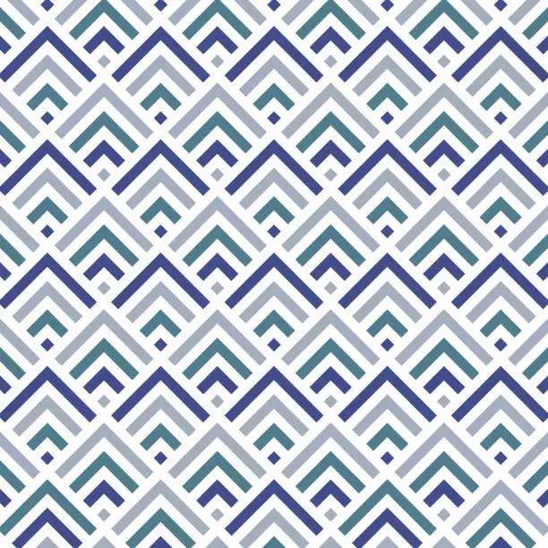 Vector illustration of Vibrant blue geometric pattern with layered chevron designs in a square tile format.