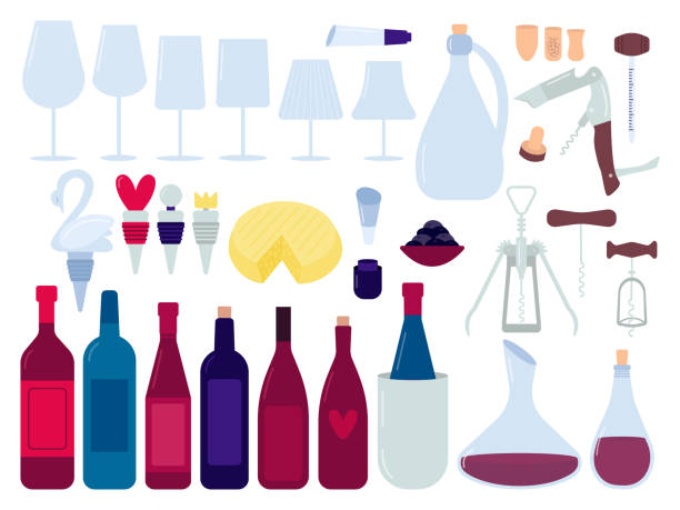 wina elementy zestawu - decanter stock illustrations