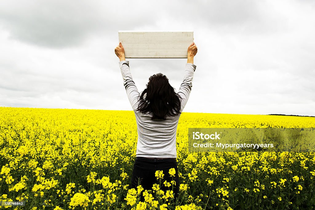 Field of Dreams A woman holding a blank sign in a field of flowering rape-seed. Adult Stock Photo