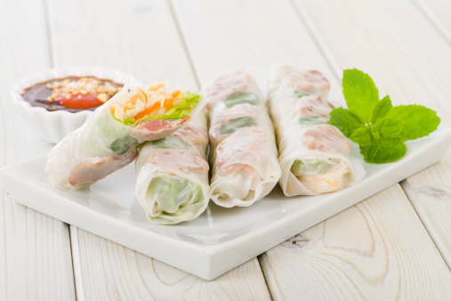 Vietnamese fresh summer rolls with Chinese sausage, jicama, carrots, lettuce, egg and dried shrimp served with hoisin and peanut dip.